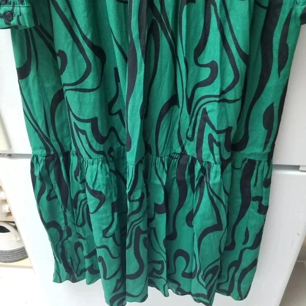 Zara Green Black Print Long Sleeve Midi Dress M - Picture 6 of 12